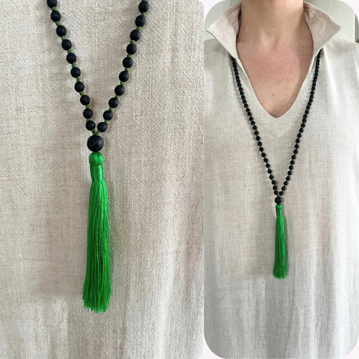 Handcrafted Green Lava Necklace with Tassel