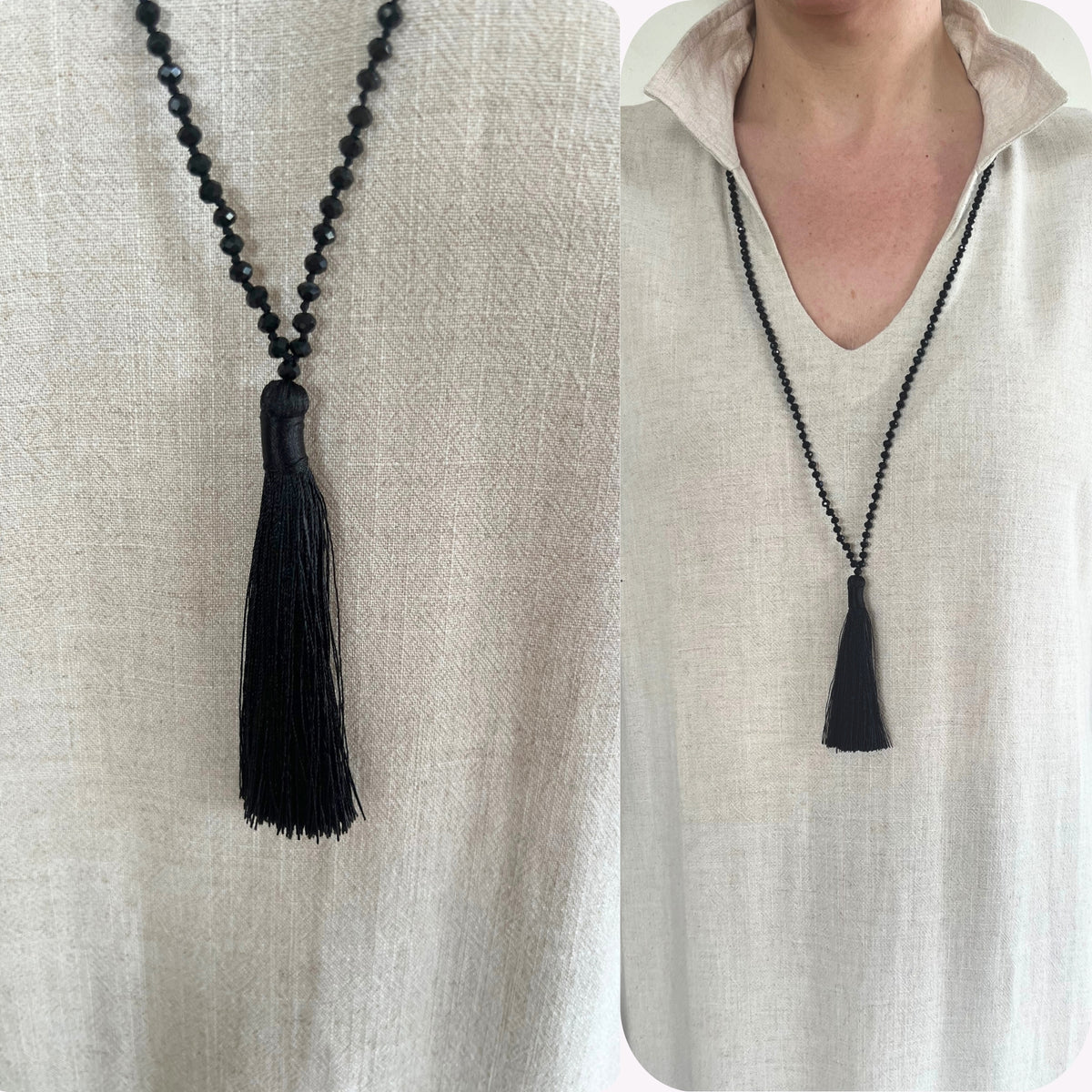 Handcrafted Black Glass Necklace with Tassel