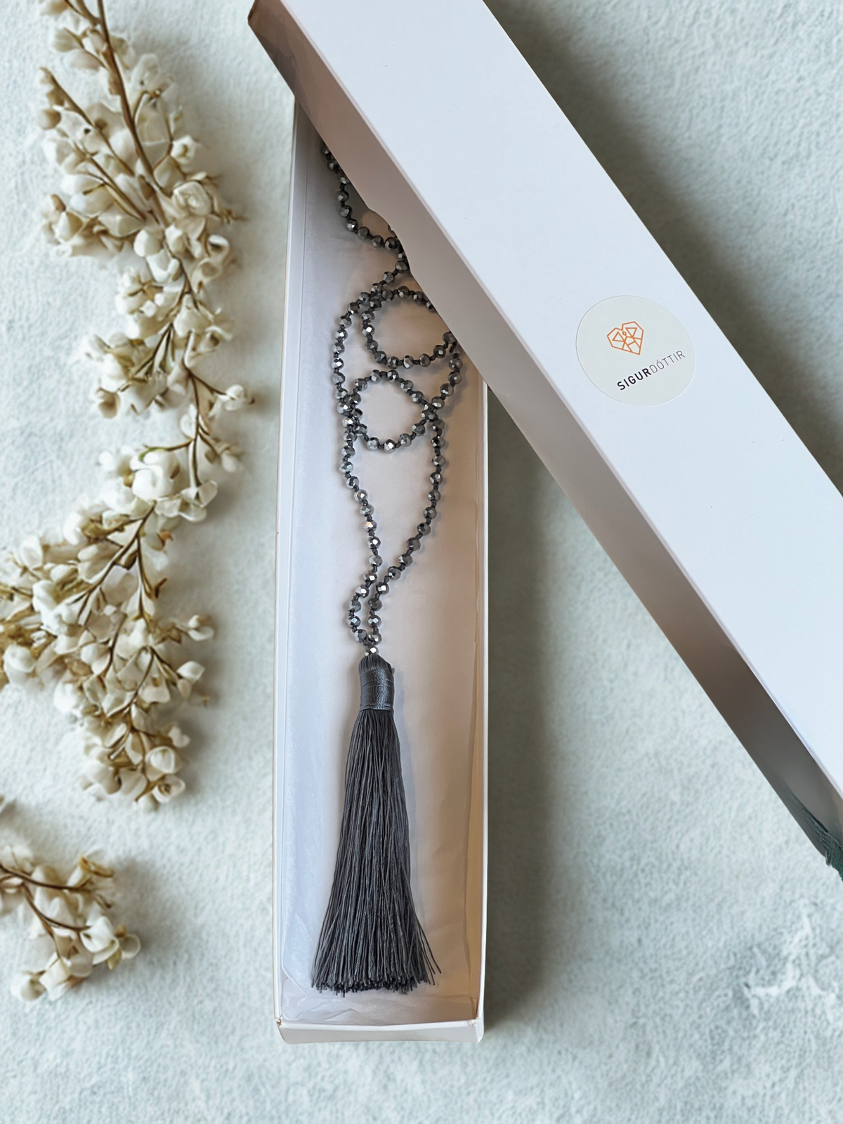 Handcrafted Gray Glass Necklace with Tassel