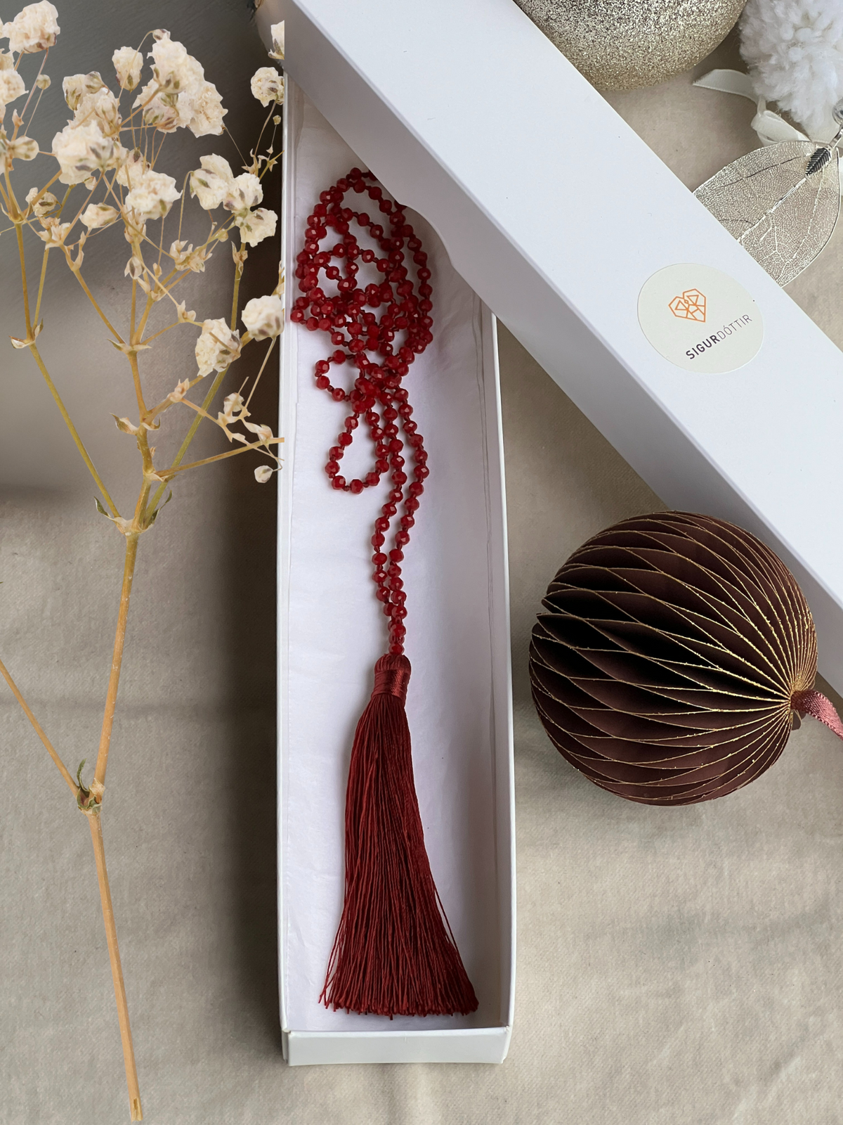 Handcrafted Burgundy Glass Necklace with Tassel